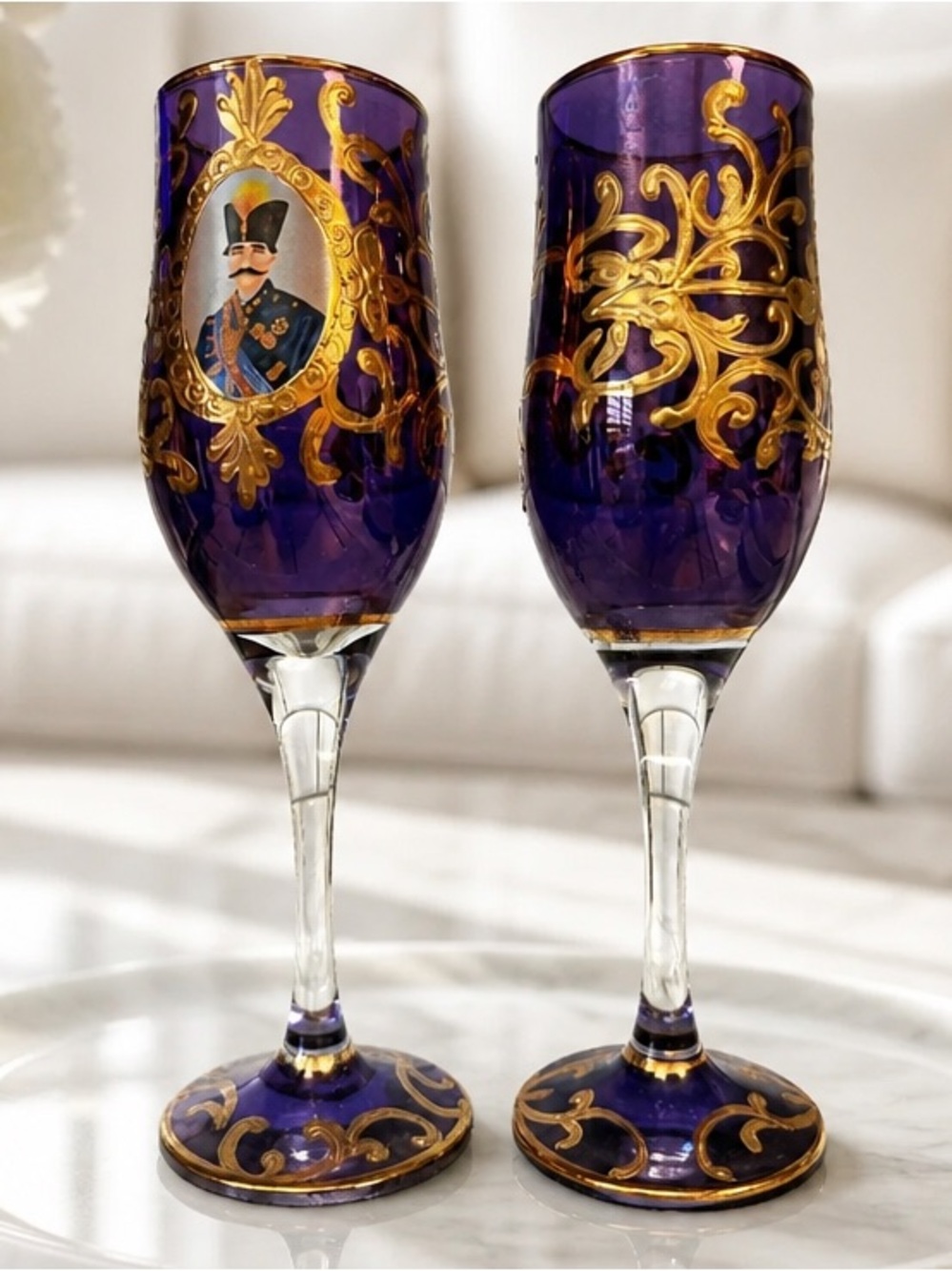 6 SIX Vintage Naser Al-Din Shah Qajar Czar Persian Purple Gold Champagne Flutes